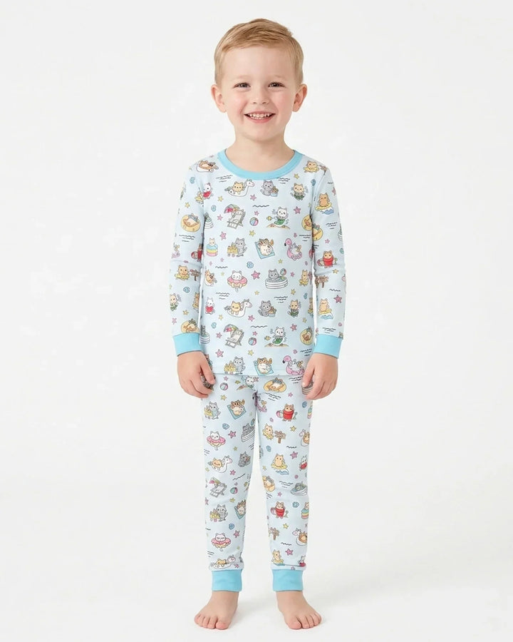 Kawaii Cats Summer Vacation Bamboo Two Piece Long Sleeve Pajama Set