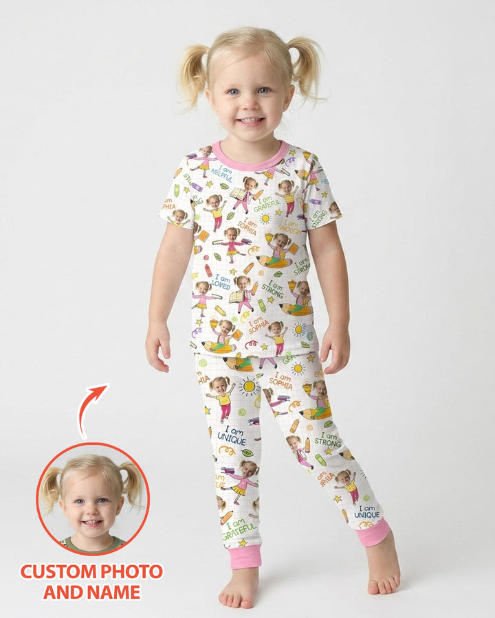Custom Photo Kid Affirmations I Am Kind Bamboo Two Piece Short Sleeve Pajama Set