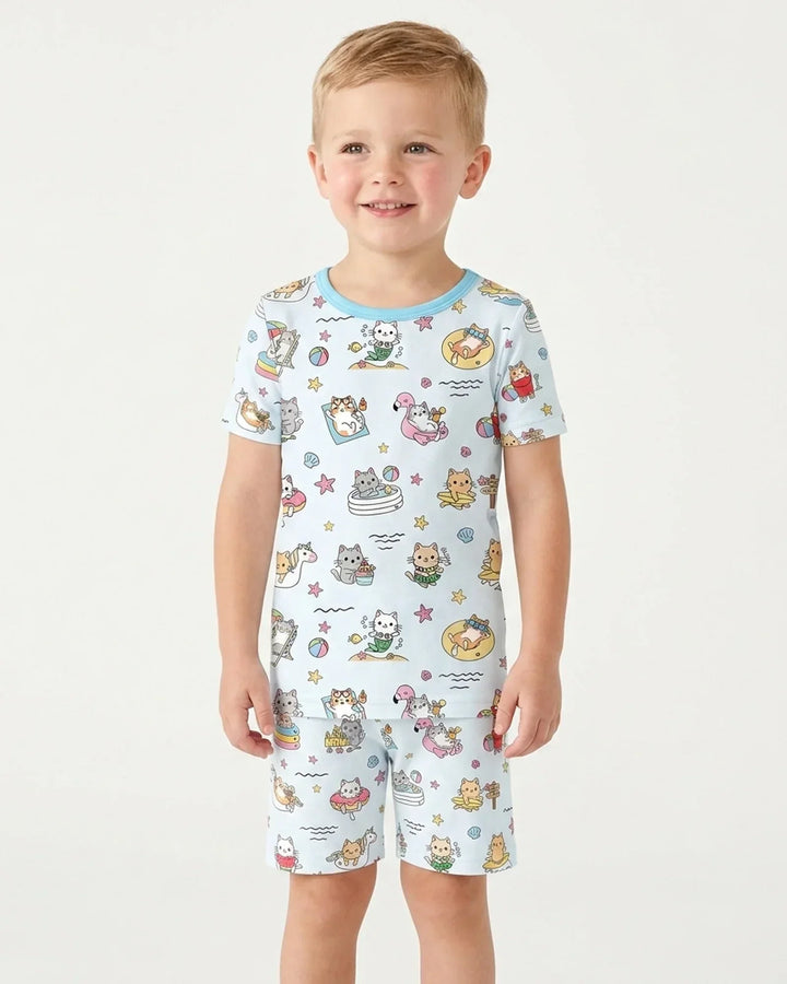 Kawaii Cats Summer Vacation Bamboo Two Piece Short Sleeve Shorts Pajama Set