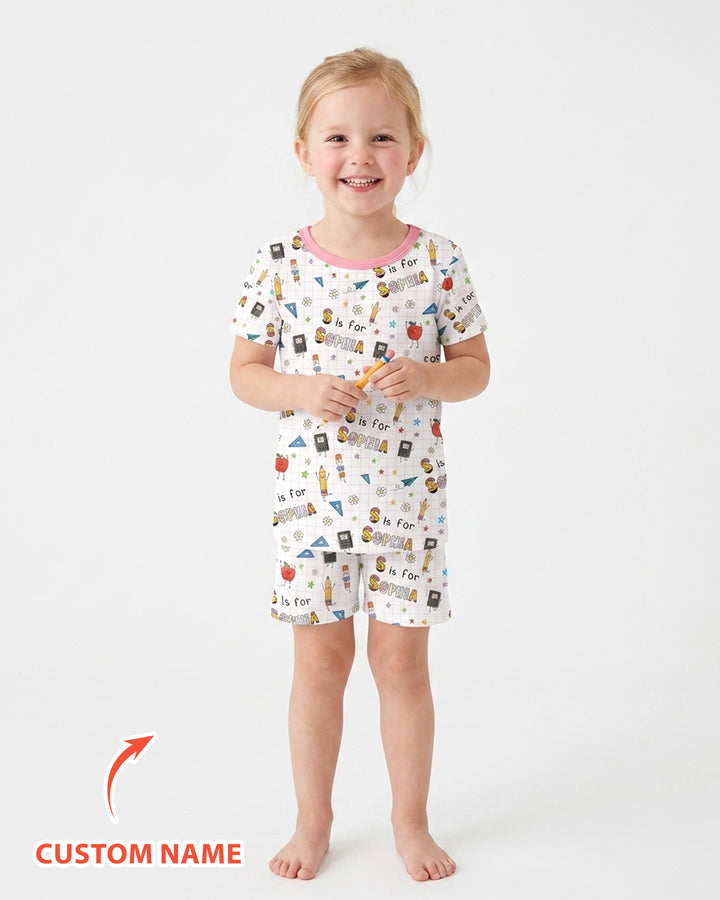 Personalized Back To School Bamboo Two Piece Short Sleeve Shorts Pajama Set