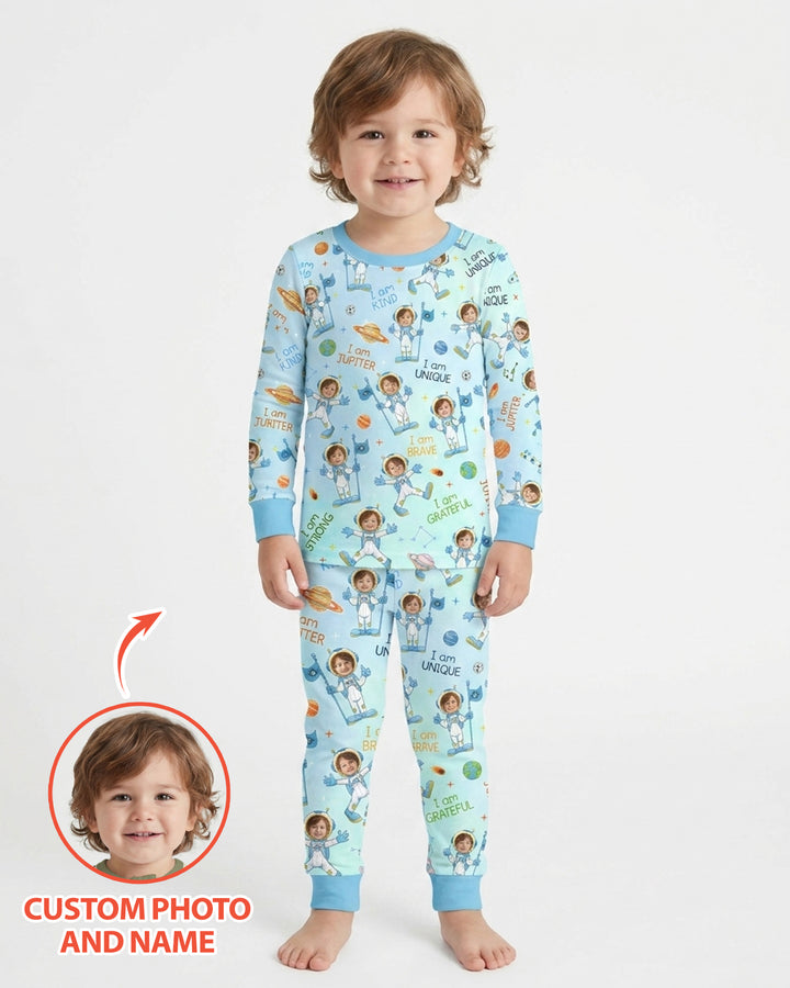 Custom Photo Kid Affirmations I Am Kind Astronaut Bamboo Two Piece Long Sleeve Pajama Set