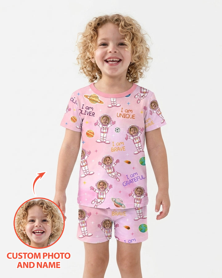 Custom Photo Kid Affirmations I Am Kind Astronaut Bamboo Two Piece Short Sleeve Pajama Set