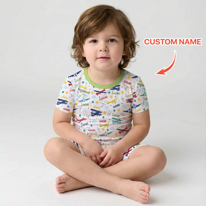 Custom Name Air Transport Two Piece Short Sleeve Shorts Pajama Set