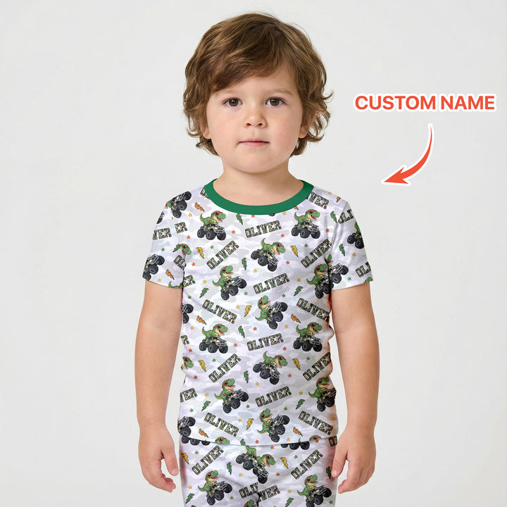 Custom Name Camo Trucker Dino Two Piece Short Sleeve Shorts Pajama Set