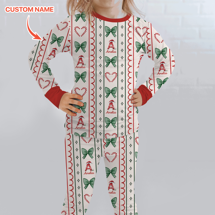 Custom Name Christmas Stripes Two Piece Long Sleeve Pajama Set
