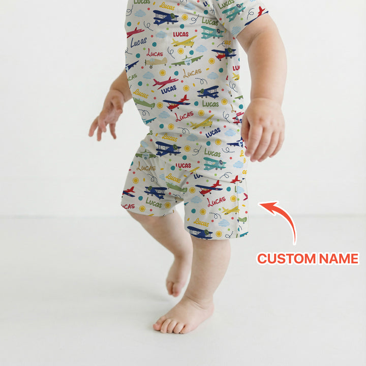 Custom Name Air Transport Two Piece Short Sleeve Shorts Pajama Set