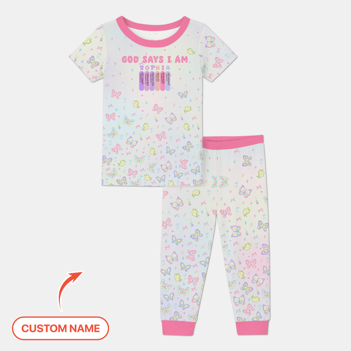 Personalized Butterfly Blessings God Says I Am Two Piece Short Sleeve Pajama Set