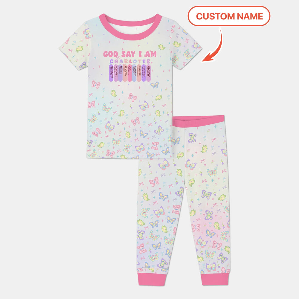 Personalized Butterfly Blessings God Says I Am Two Piece Short Sleeve Pajama Set , Personalized Butterfly Blessings God Says I Am Two Piece Short Sleeve Pajama Set - 12-18M