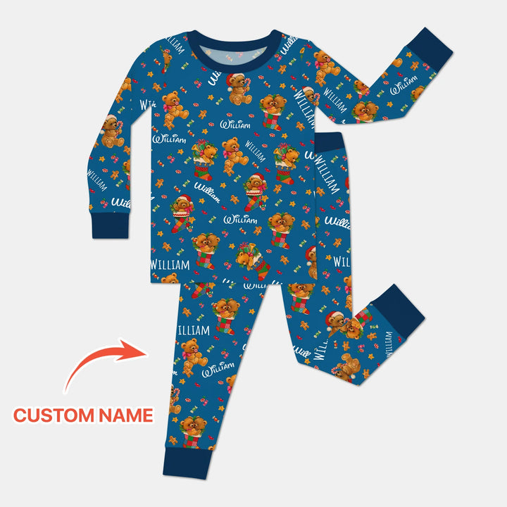 Teddy Bear Merry Christmas Custom Name Two Piece Long Sleeve Pajama Set