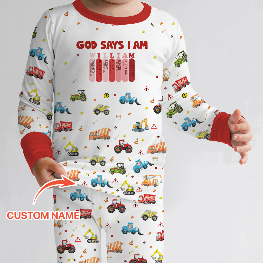 God Says I Am Custom Name Construction Two Piece Long Sleeve Pajama Set