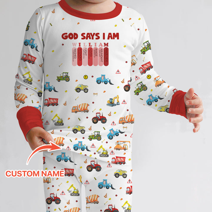 God Says I Am Custom Name Construction Two Piece Long Sleeve Pajama Set