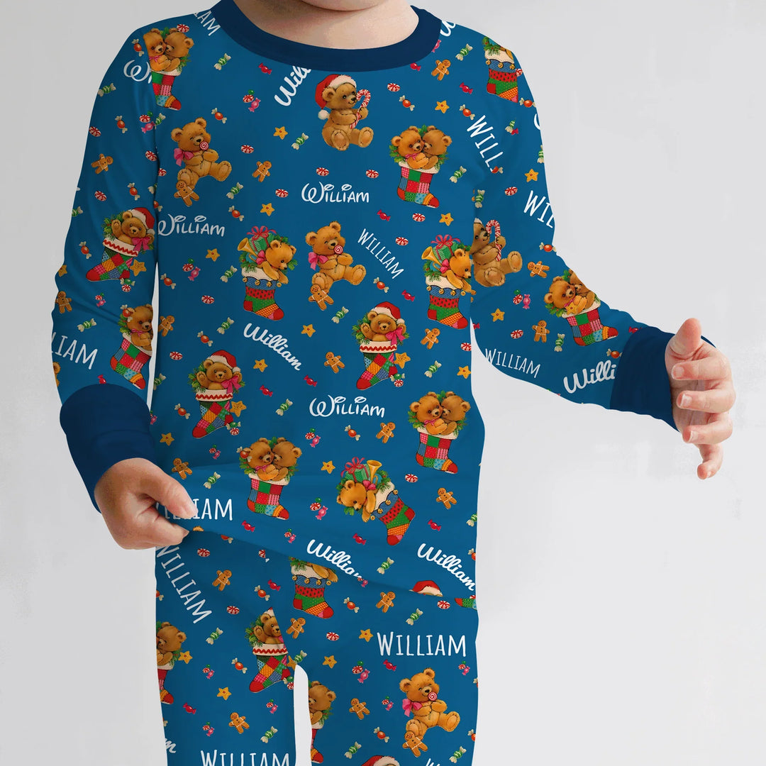 Teddy Bear Merry Christmas Custom Name Two Piece Long Sleeve Pajama Set