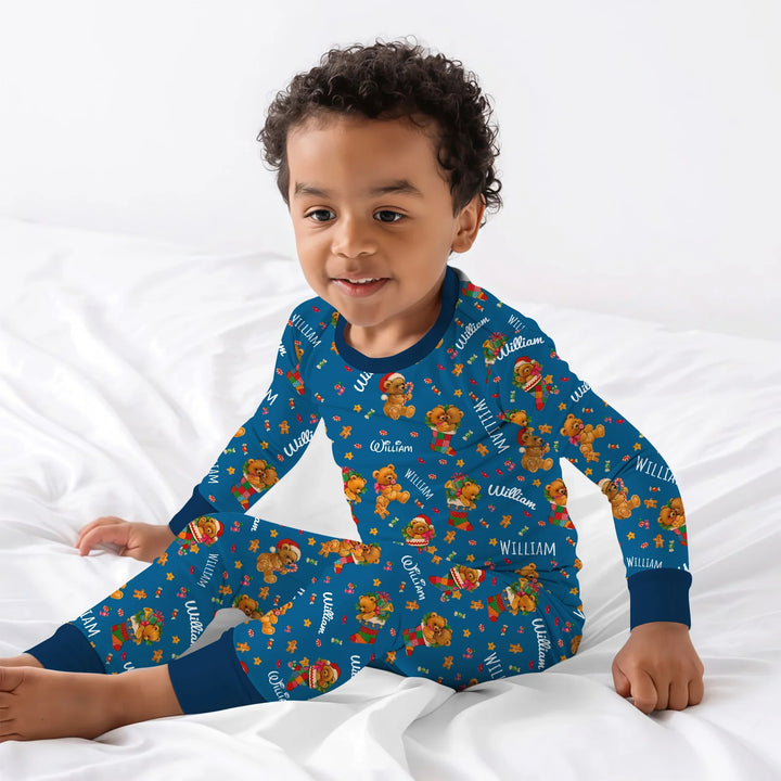 Teddy Bear Merry Christmas Custom Name Two Piece Long Sleeve Pajama Set