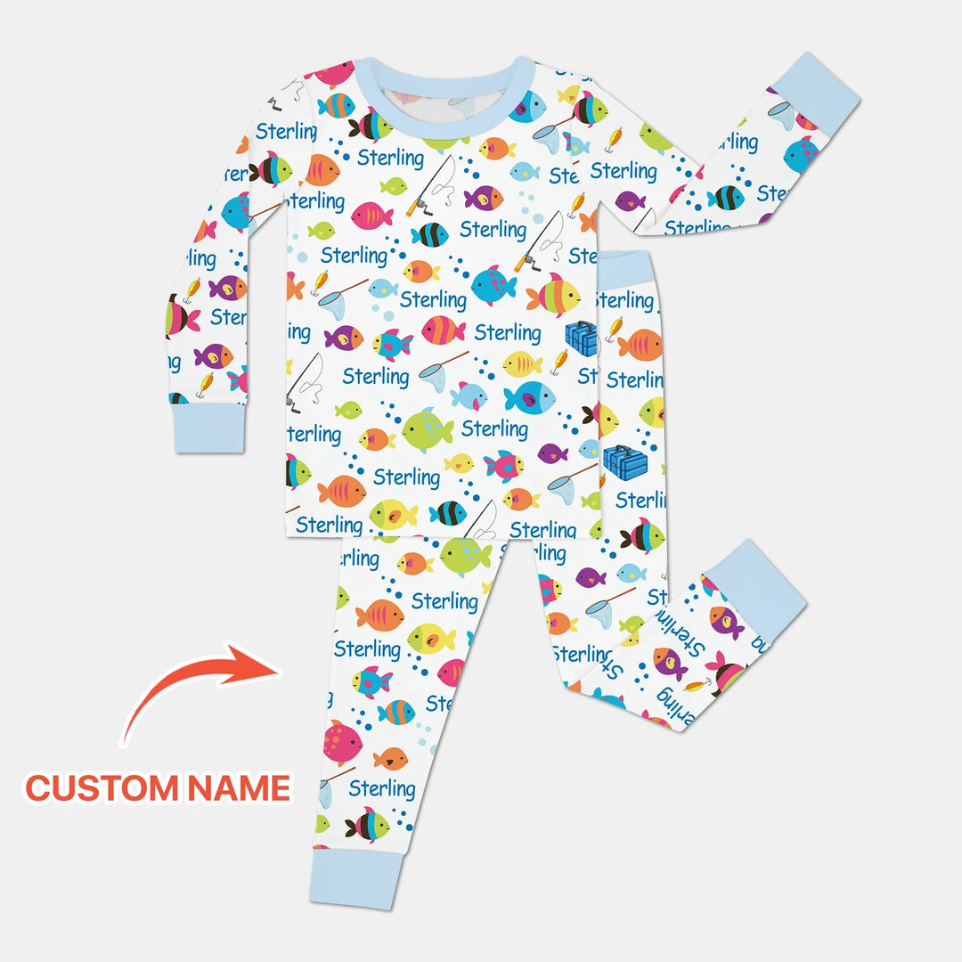 Little Fisher’s Adventure Custom Name Two Piece Long Sleeve Pajama Set , Little Fisher’s Adventure Custom Name Two Piece Long Sleeve Pajama Set - 12-18M