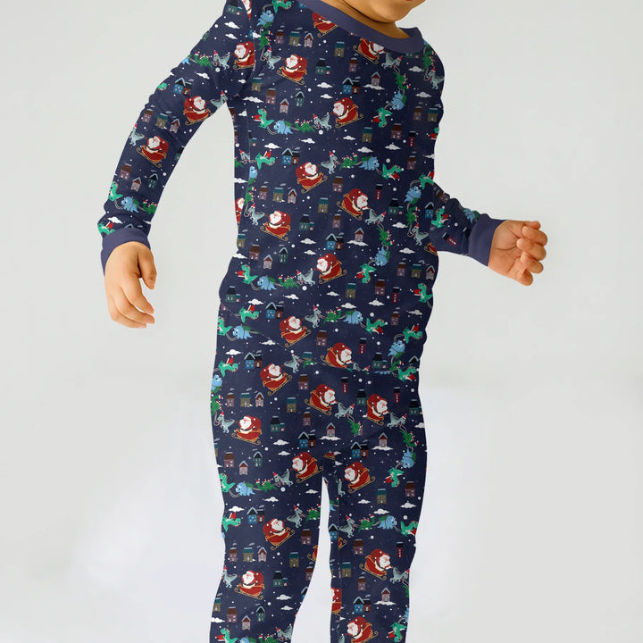 Dinosaurs Santa's sleigh Two Piece Long Sleeve Pajama Set