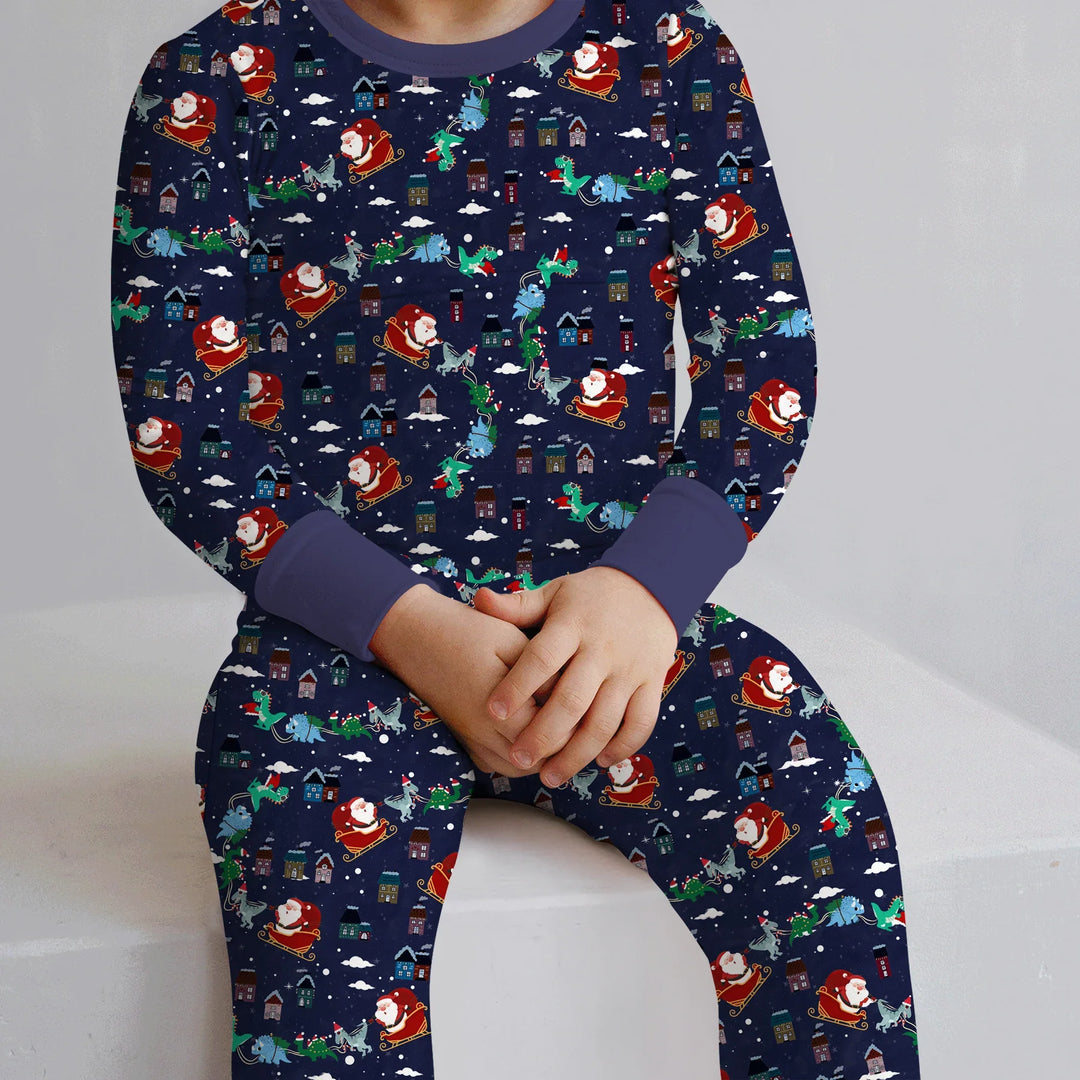 Dinosaurs Santa's sleigh Two Piece Long Sleeve Pajama Set