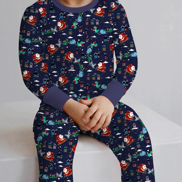 Dinosaurs Santa's sleigh Two Piece Long Sleeve Pajama Set