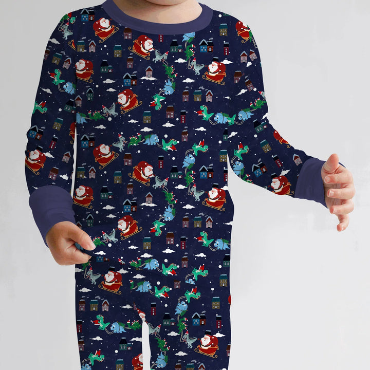 Dinosaurs Santa's sleigh Two Piece Long Sleeve Pajama Set