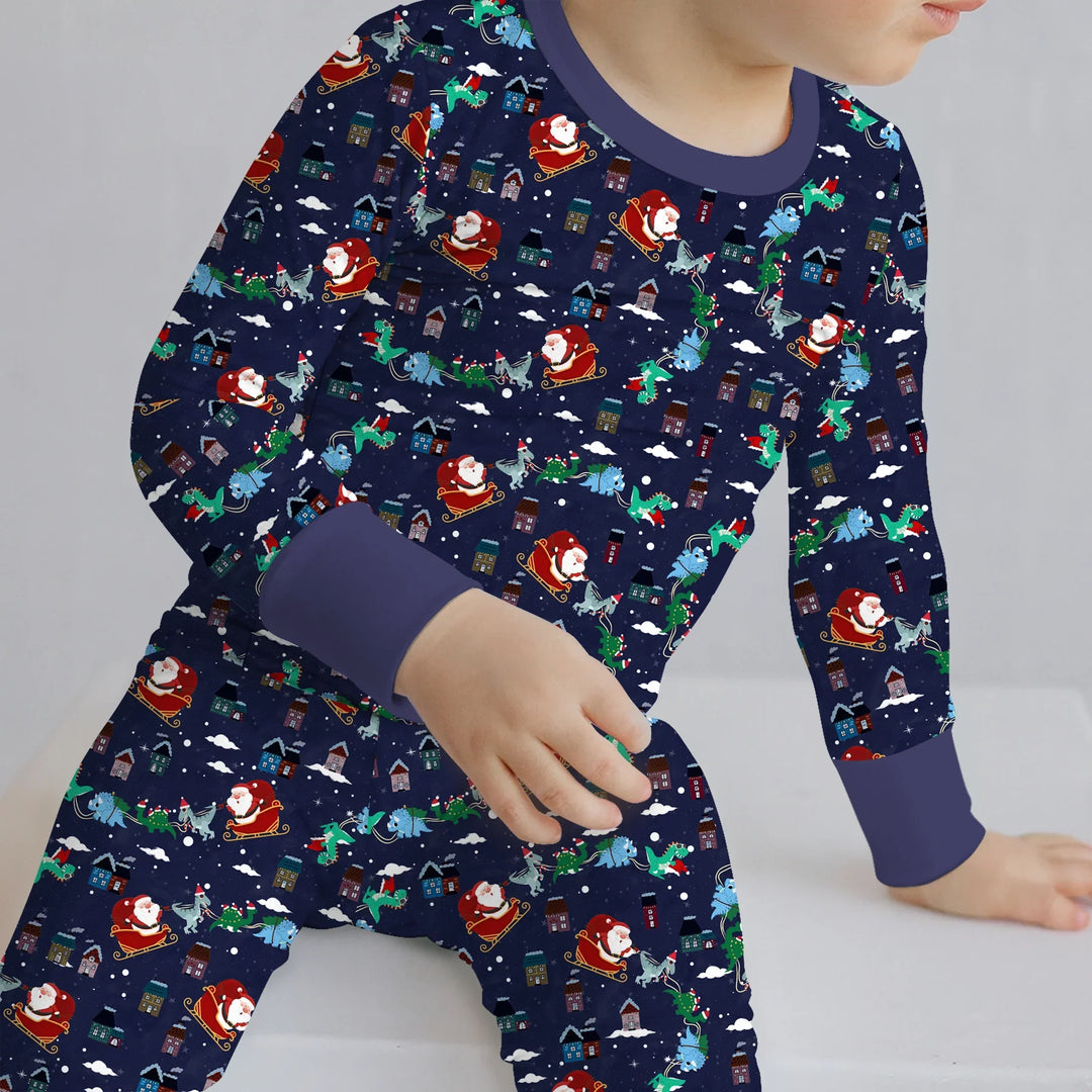 Dinosaurs Santa's sleigh Two Piece Long Sleeve Pajama Set