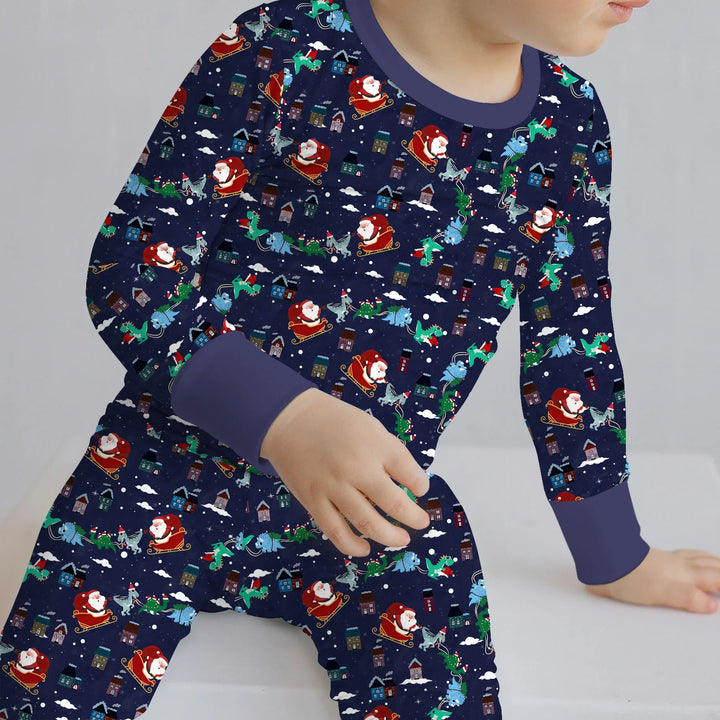Dinosaurs Santa's sleigh Two Piece Long Sleeve Pajama Set