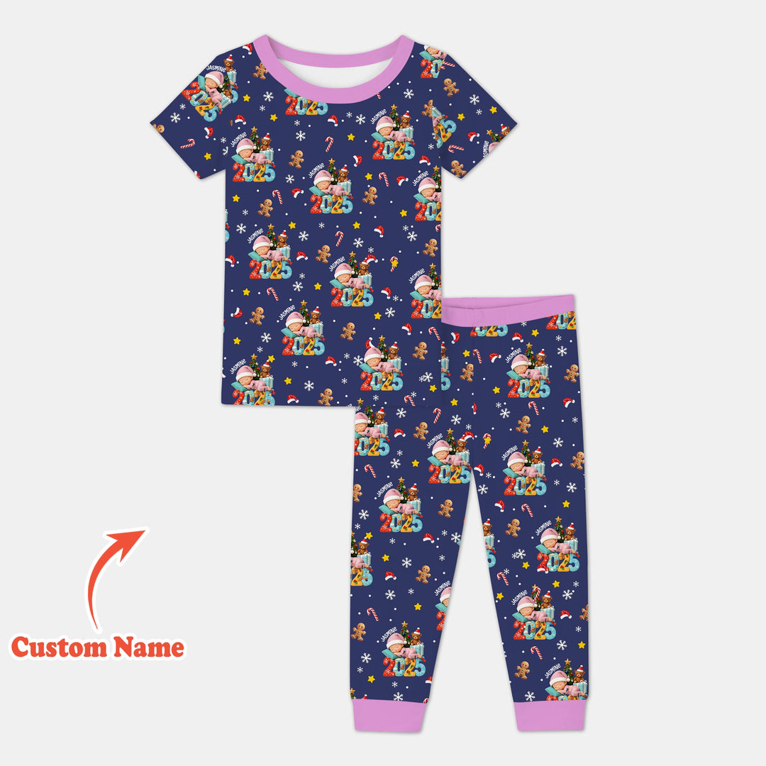 Custom Name Baby Girl's First Christmas  Two Piece Short Sleeve Pajama Set