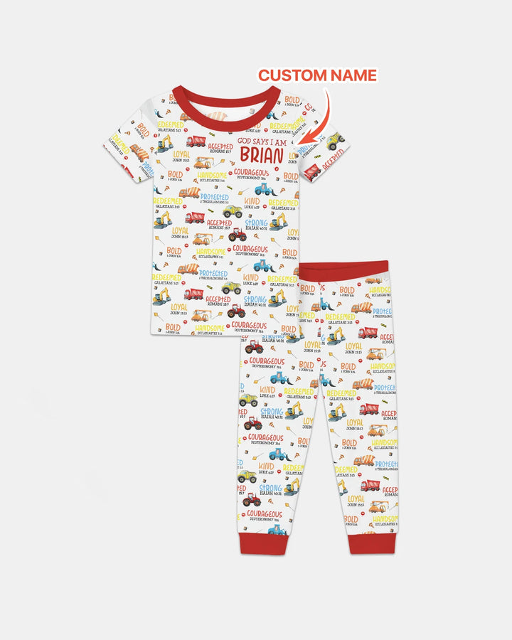 Personalized God Says I Am Little Builder Two Piece Short Sleeve Pajama Set