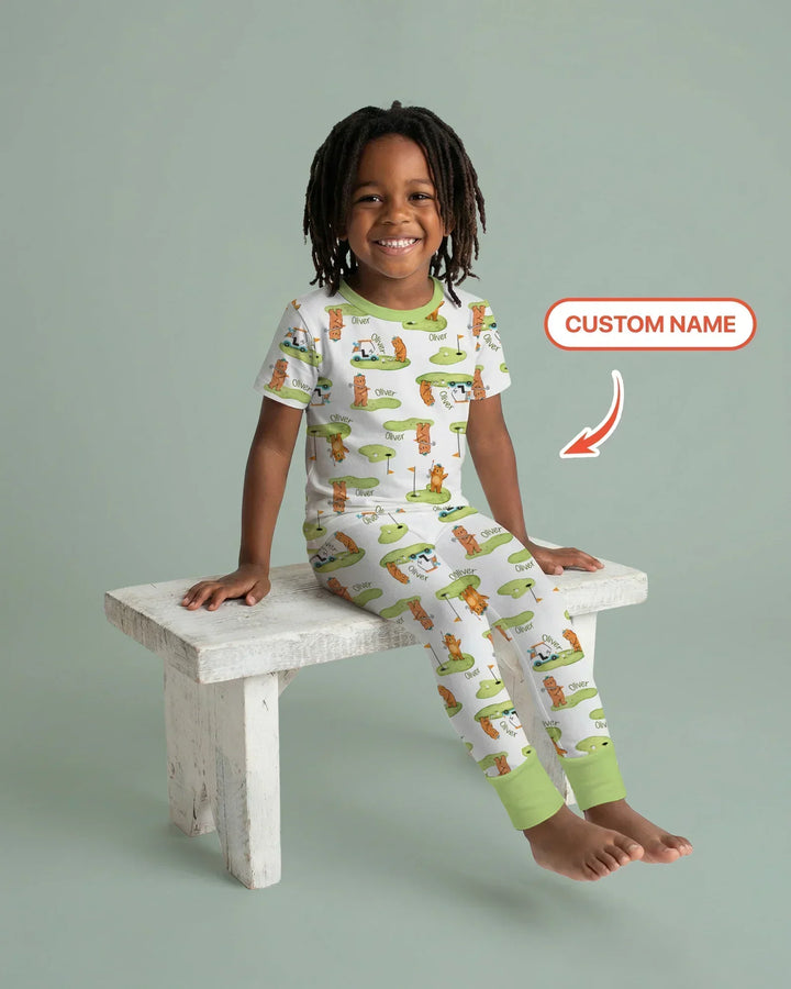 Custom Name Little Bear Golf Club Two Piece Short Sleeve Pajama Set