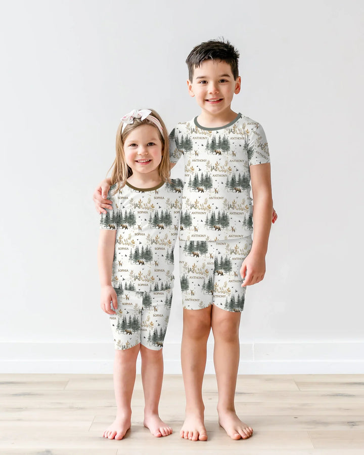 Conjunto de pijama de dos piezas con pantalones cortos y manga corta, oso de bosque, ciervo, bambú, nombre personalizado