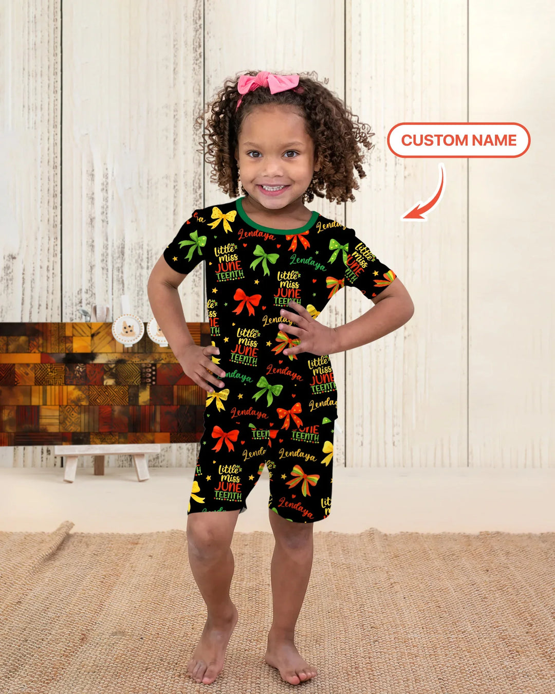 Conjunto de pijama de dos piezas de bambú de manga corta y pantalón corto para niña Little Miss Juneteenth