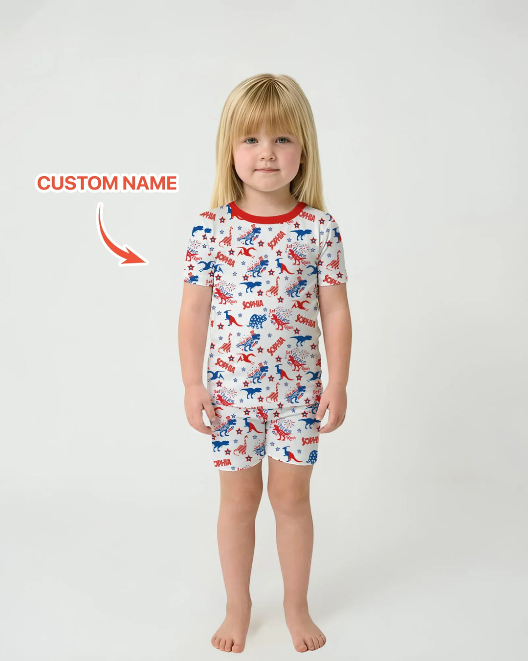 Custom Name Patriotic Dinosaur Bamboo Two Piece Short Sleeve Shorts Pajama Set