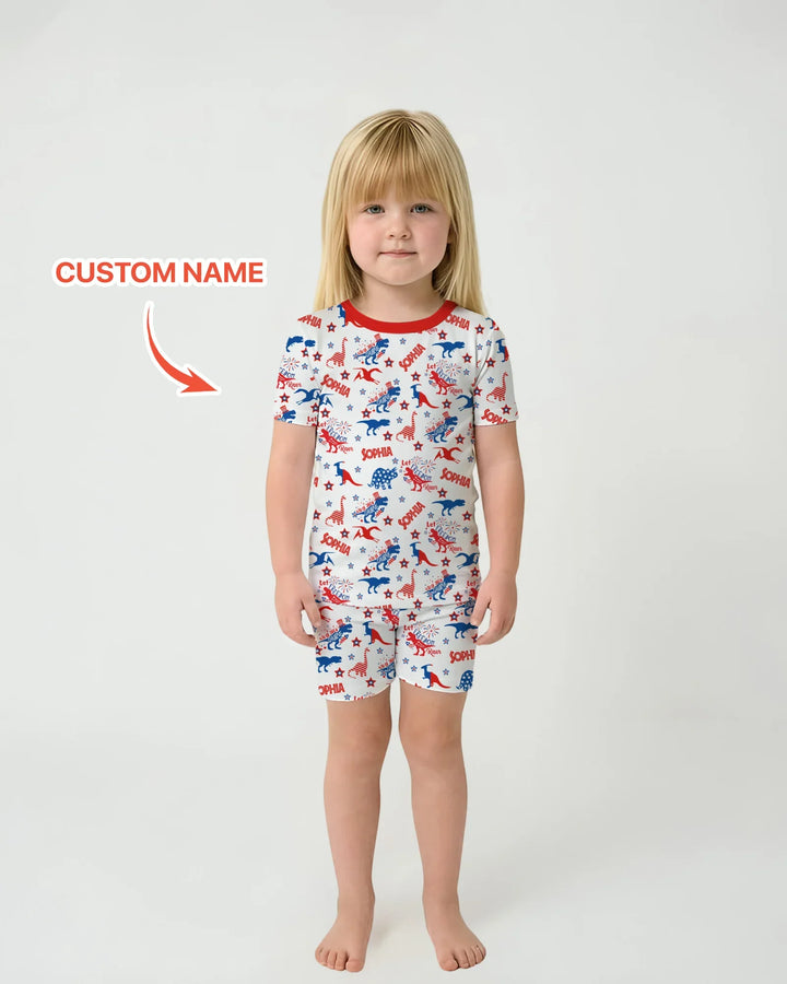 Custom Name Patriotic Dinosaur Bamboo Two Piece Short Sleeve Shorts Pajama Set