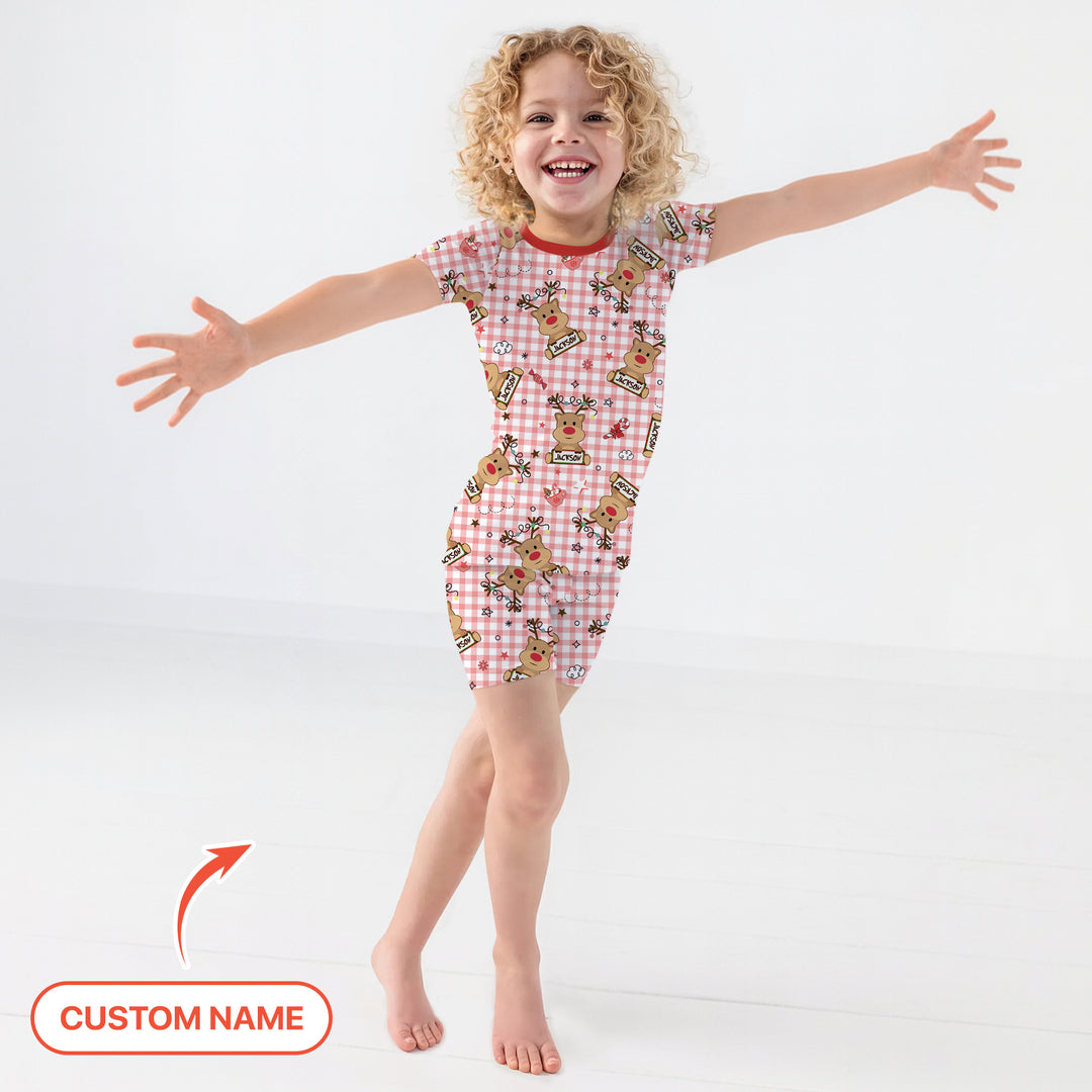 Custom Name Reindeer Gingham Two Piece Short Sleeve Shorts Pajama Set