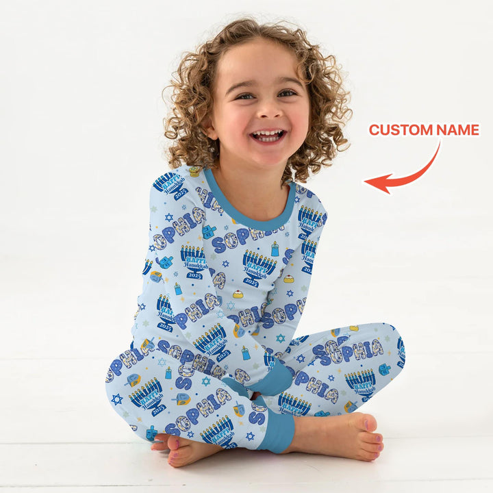 Custom name Happy Hanukkah 2025 Two Piece Long Sleeve Pajama Set