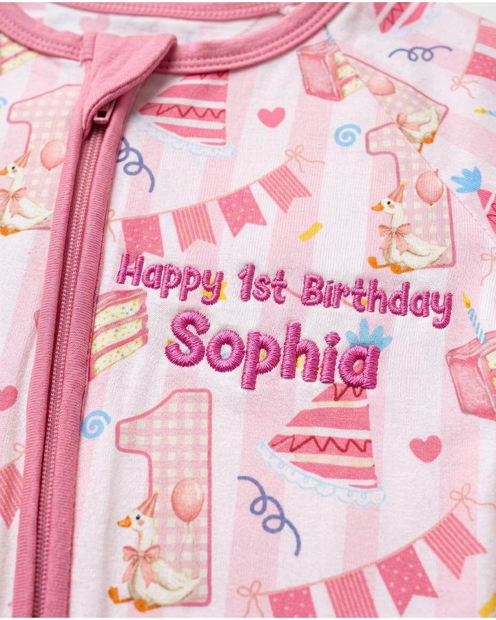 1st Birthday Girl Embroidered Baby Bamboo Convertible Zippy