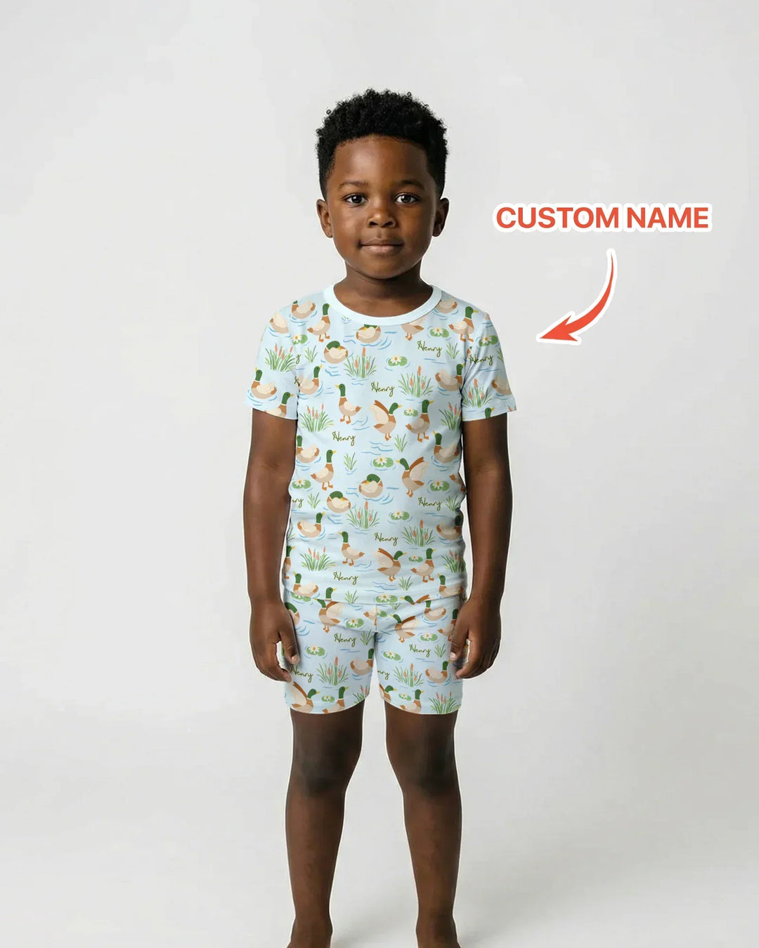 Conjunto de pijama de dos piezas de bambú de manga corta con pantalón corto y pato Mallard personalizado