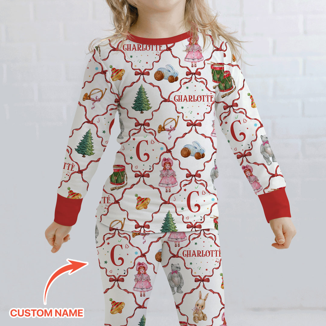 Vintage Christmas Toy Custom Name Girl Two Piece Long Sleeve Pajama Set