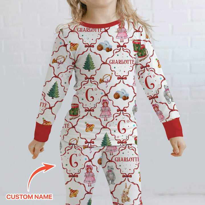 Vintage Christmas Toy Custom Name Girl Two Piece Long Sleeve Pajama Set