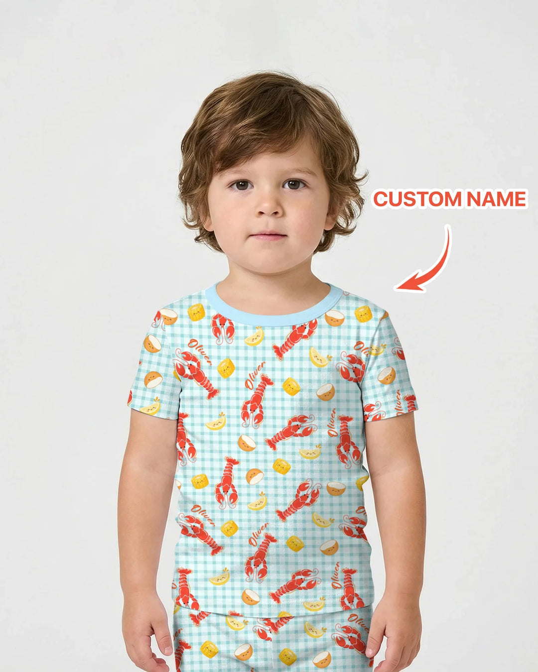 Pijama de dos piezas de bambú con nombre personalizado, diseño de cangrejo preppy, de manga corta y pantalones cortos