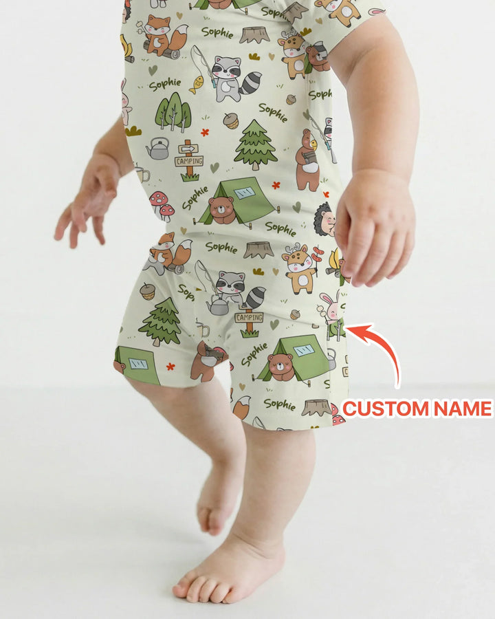 Custom Name Little Camp Buddies Bamboo Two Piece Short Sleeve Shorts Pajama Set
