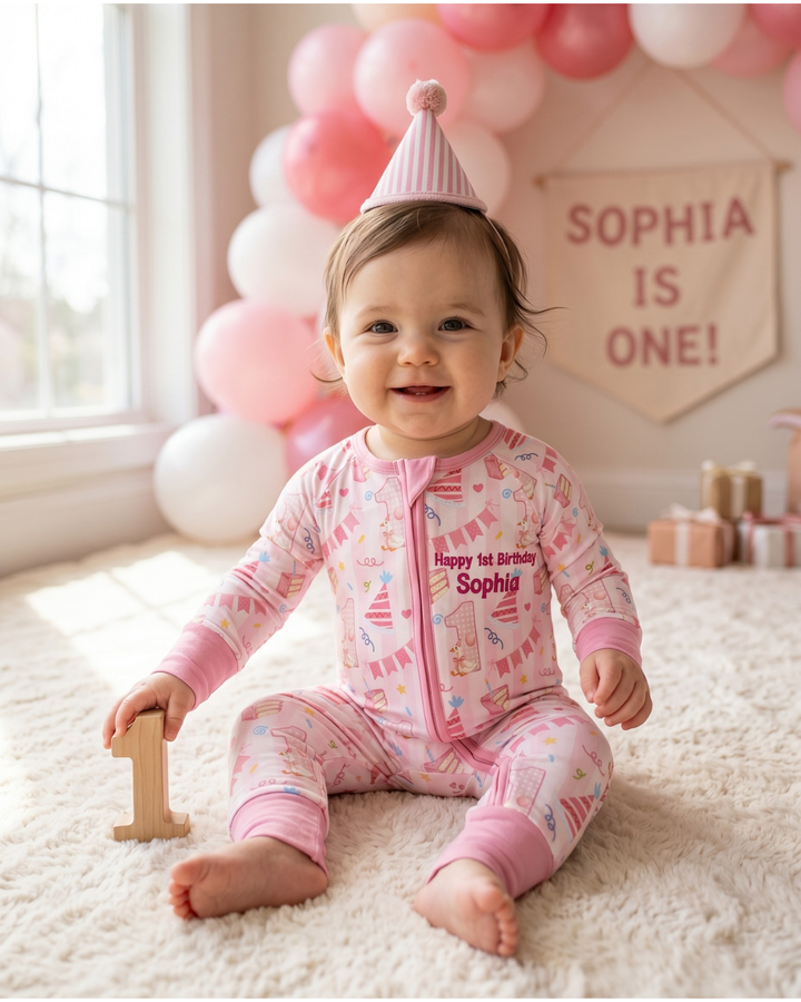 1st Birthday Girl Embroidered Baby Bamboo Convertible Zippy