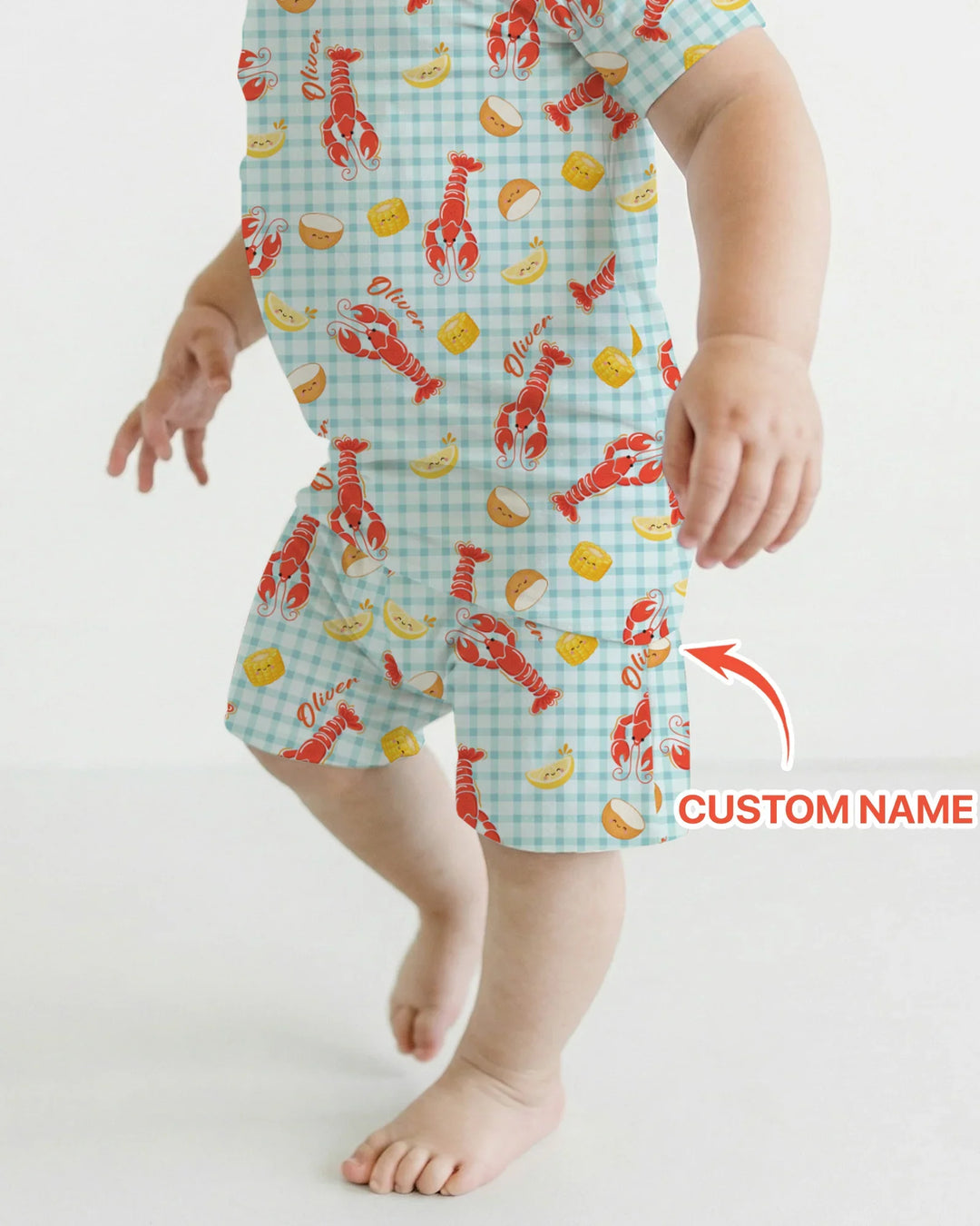 Pijama de dos piezas de bambú con nombre personalizado, diseño de cangrejo preppy, de manga corta y pantalones cortos