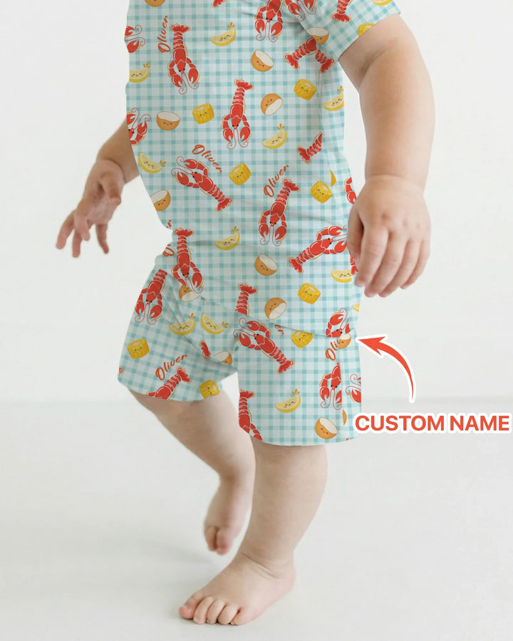Pijama de dos piezas de bambú con nombre personalizado, diseño de cangrejo preppy, de manga corta y pantalones cortos
