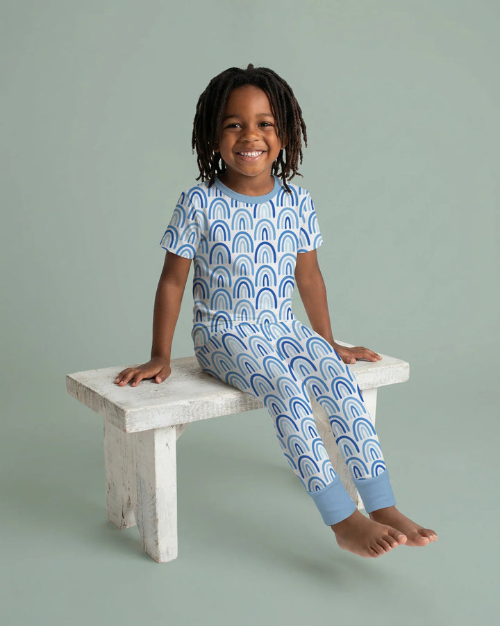 Sky Blue Rainbows Bamboo Two Piece Short Sleeve Pajama Set