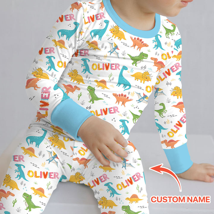 Dino Adventure Custom Name Two Piece Long Sleeve Pajama Set