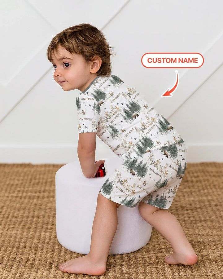 Conjunto de pijama de dos piezas con pantalones cortos y manga corta, oso de bosque, ciervo, bambú, nombre personalizado