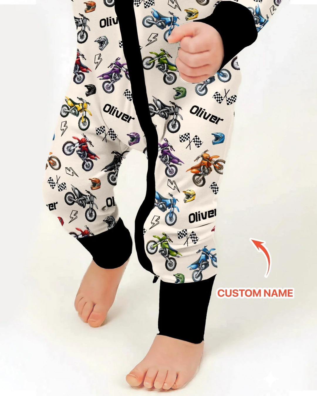 Pijama convertible de bambú con cremallera Little Dirt Bike Rider con nombre personalizado