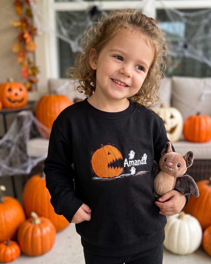 Custom Name Scary Pumpkin Embroidered Bamboo Crewneck Sweatshirt