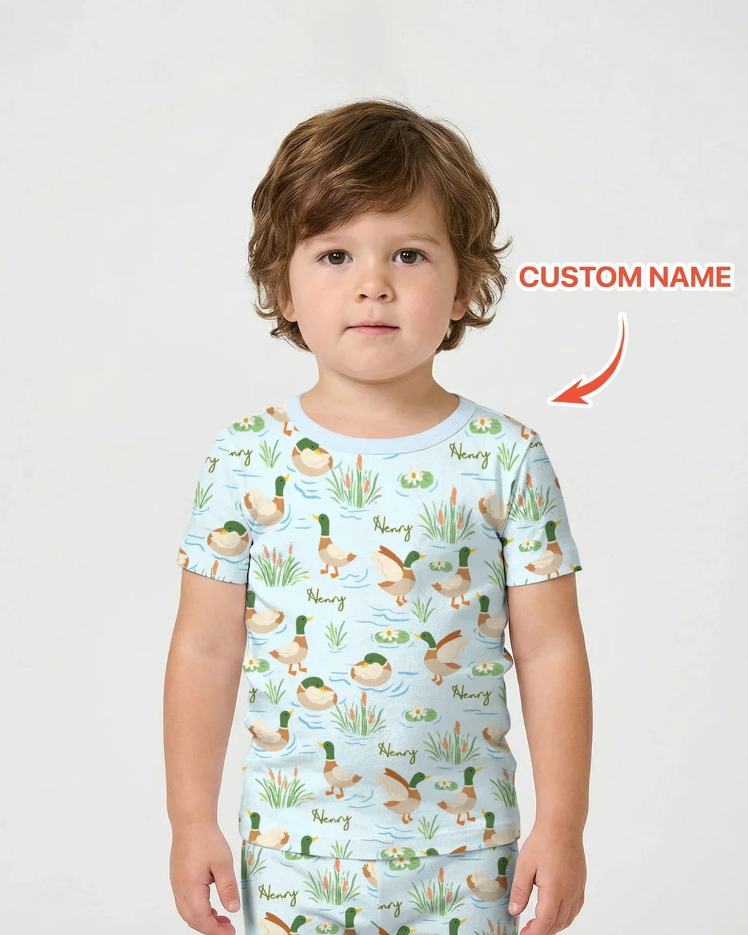 Conjunto de pijama de dos piezas de bambú de manga corta con pantalón corto y pato Mallard personalizado