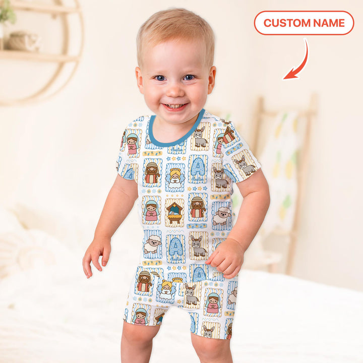 Custom Name Christmas Nativity Two Piece Short Sleeve Shorts Pajama Set