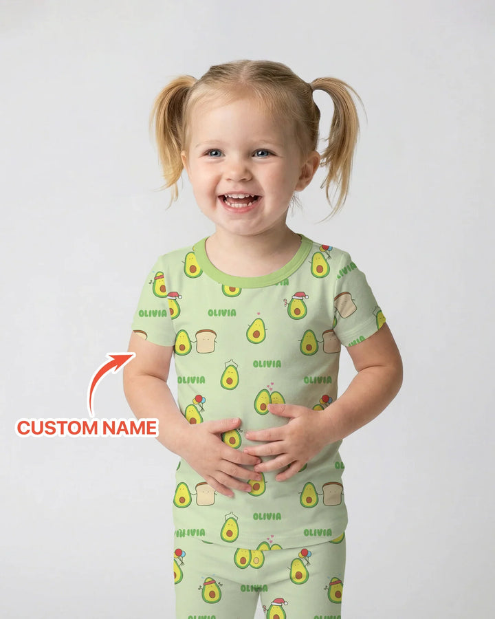 Custom Name Cute Avocado Two Piece Short Sleeve Pajama Set